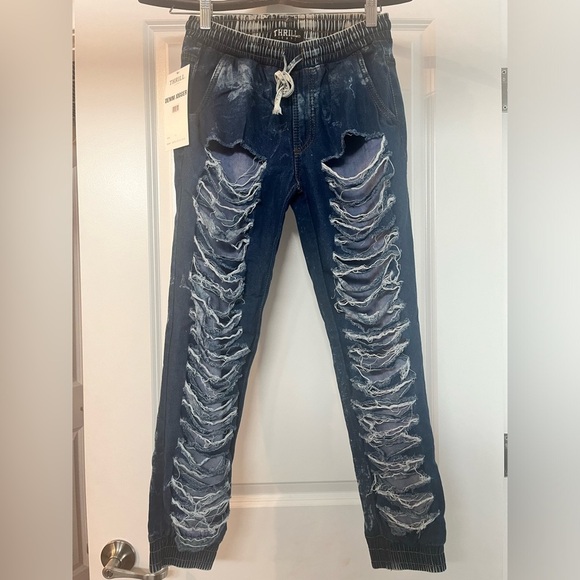 NWT DENIM FRAYED JEAN JOGGERS SZ SMALL - Picture 1 of 3